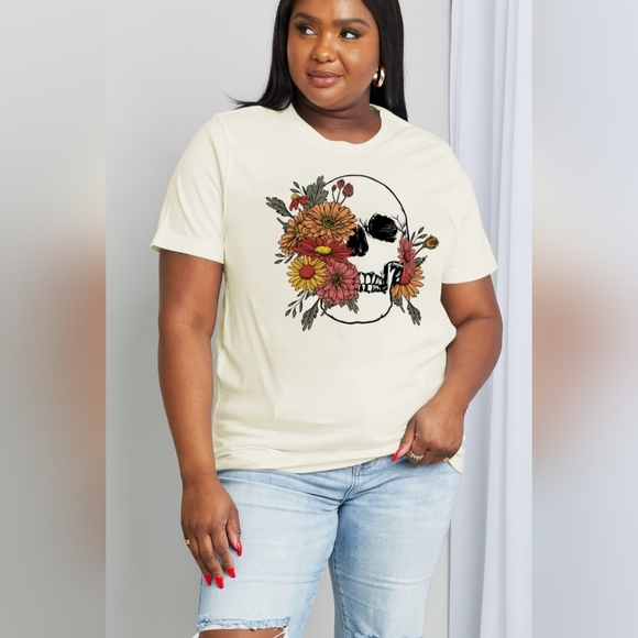 100% Cotton Bright Colorful Floral Skull Graphic Short-sleeve Tee Shirt Ivory - Picture 5 of 10
